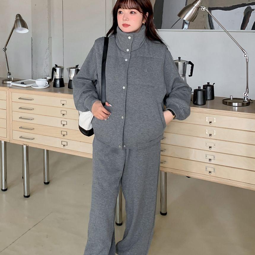 Plus Size Letter Embroidered Single-Breasted Vest / Round Neck Sweatshirt / Drawstring Waist Harem Pants / Set Product Image