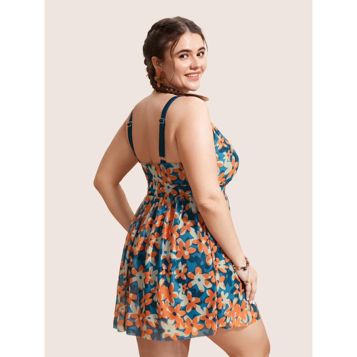 Plus Size Ditsy Floral Slit Hem See Through Swim Dress Women's Swimwear Multicolor Beach Bodycon U-neck High stretch Curve Swim Dresses BloomChic 12/L Product Image