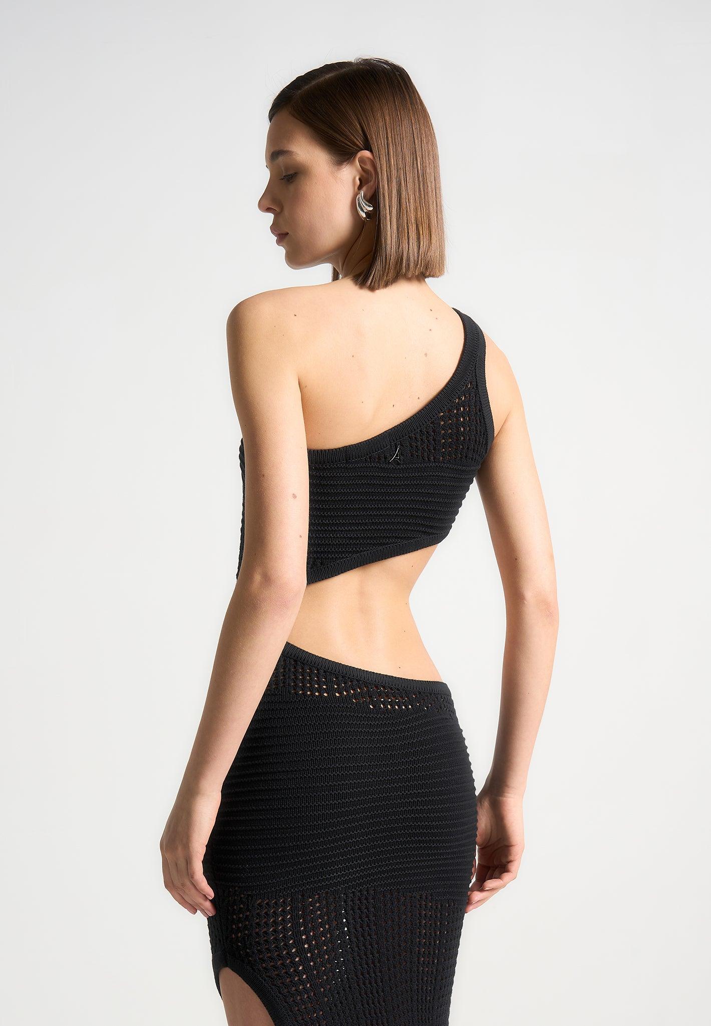 Asymmetric Crochet Knit Cut Out Maxi Dress - Black Female Product Image