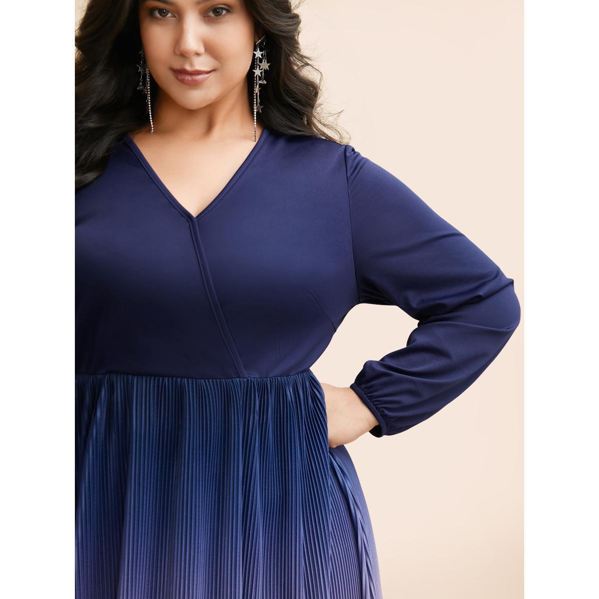 Plus Size Overlap Collar Ombre Patchwork Pleated Dress Navy Women Cocktail Texture Party Curvy Bloomchic 14-16/1X Product Image