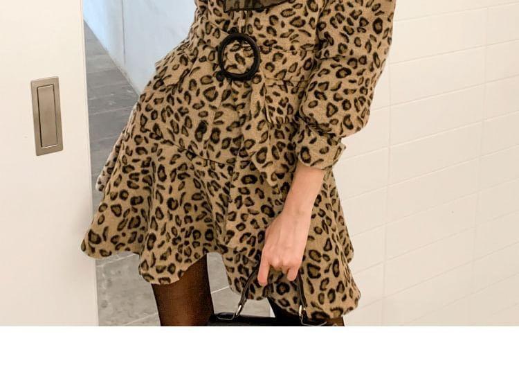 Long-Sleeve Leopard Print Mini A-Line Dress Product Image