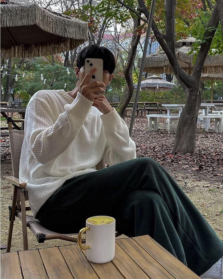 Crew Neck Plain Ribbed Sweater Product Image