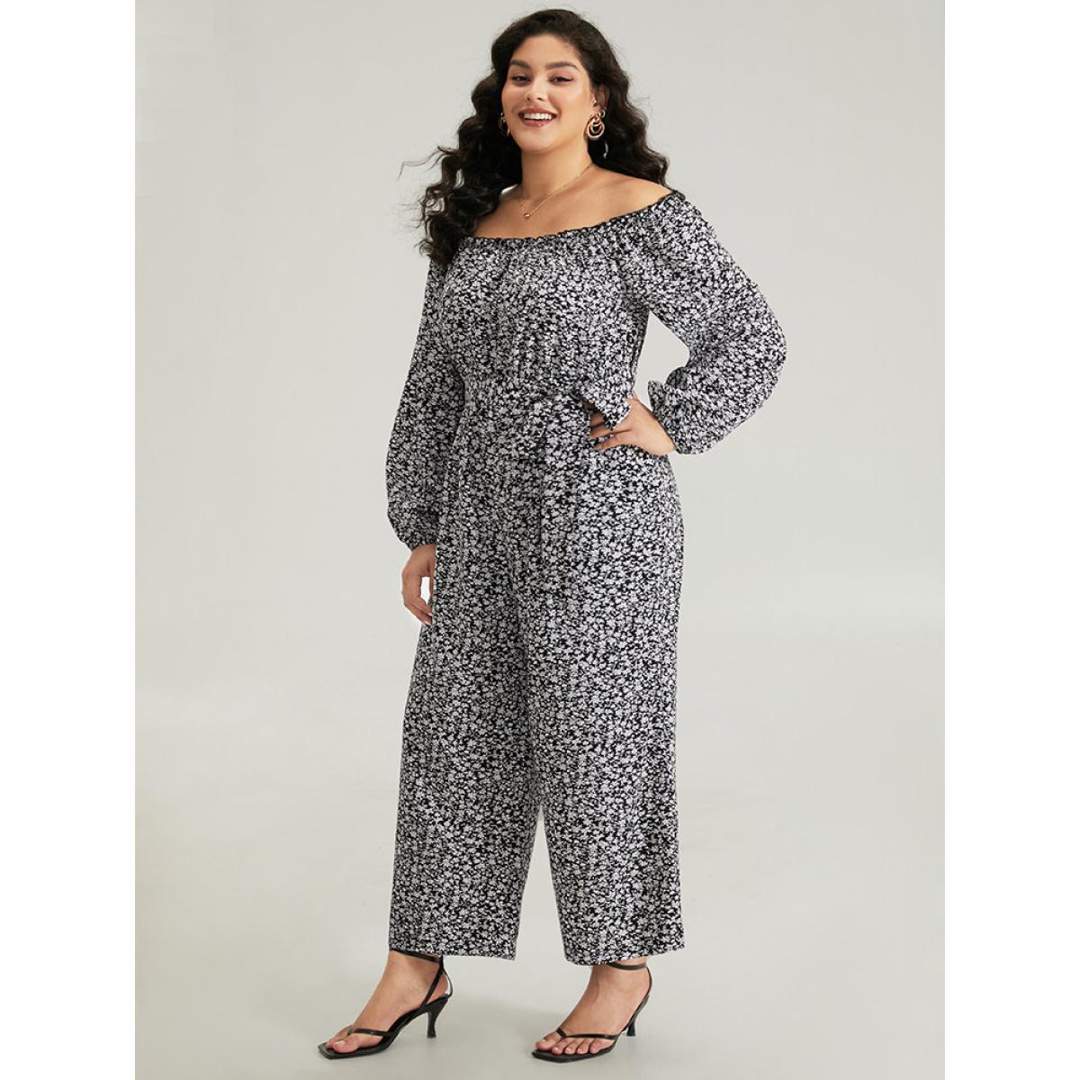 Plus Size Black Ditsy Floral Off Shoulder Pocket Belted Jumpsuit Women Elegant Long Sleeve One-shoulder neck Dailywear Loose Jumpsuits BloomChic 12/L Product Image