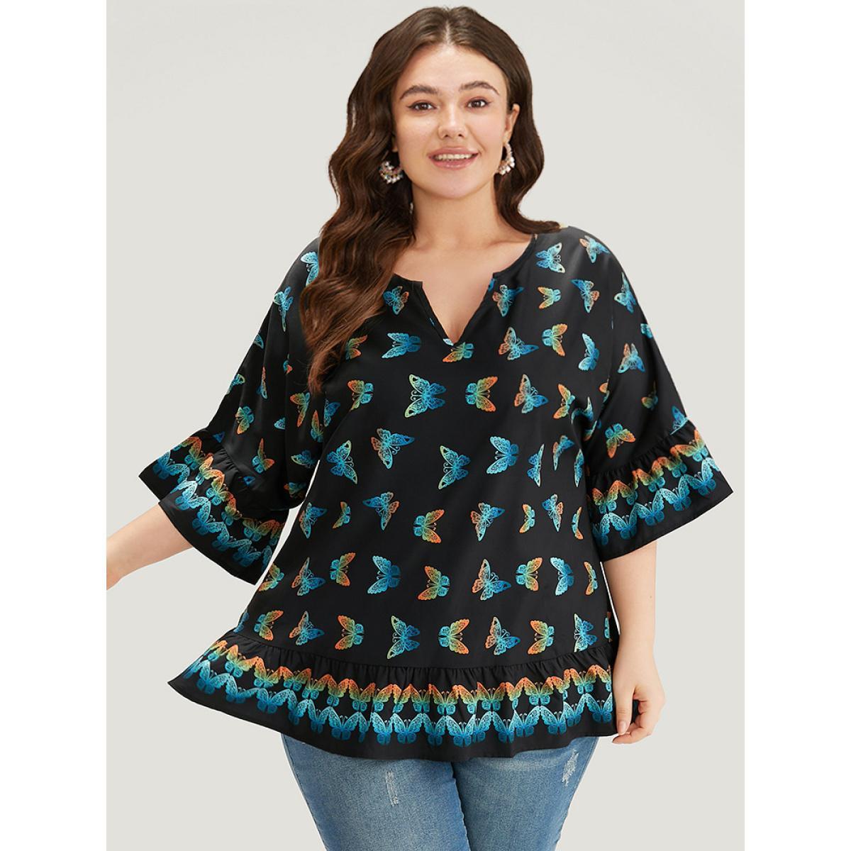 Plus Size BlackFlower Butterfly Notched Bell Sleeve Gathered Blouse Women Vacation Elbow-length sleeve Notched collar Dailywear Blouses BloomChic 14-16/1X Product Image