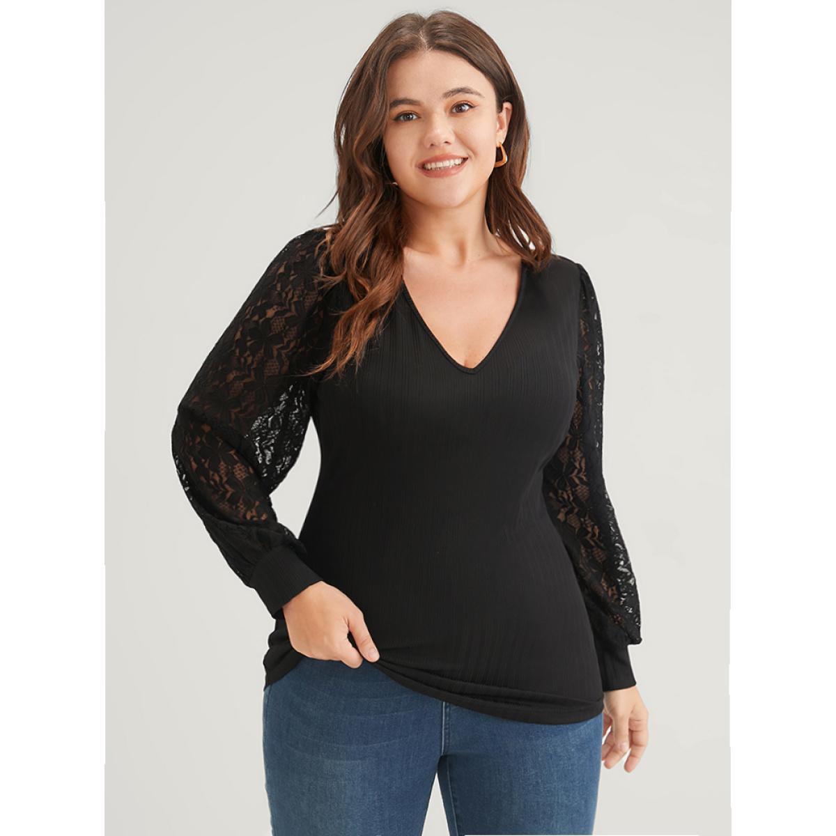 Plus Size Solid Rib Knit Contrast Lace Lantern Sleeve Long Tee Black Women Elegant Plain Plain V-neck Dailywear T-shirts BloomChic 18-20/2X Product Image
