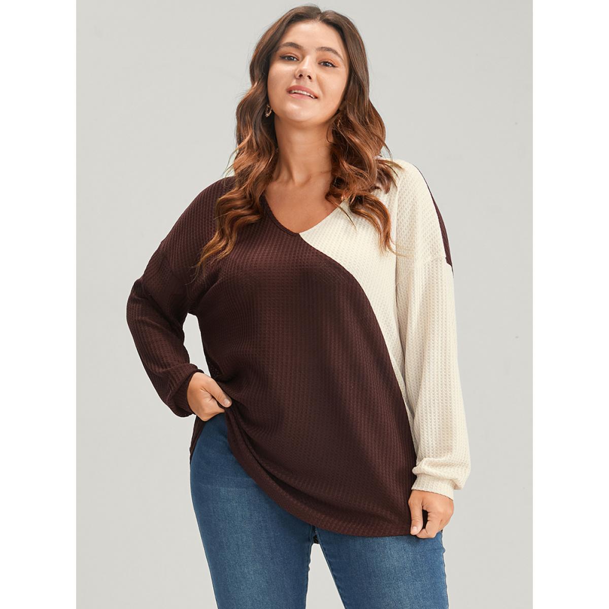 Plus Size Colorblock Contrast V Neck Waffle Knit Sweatshirt Women Burgundy Elegant Patchwork V-neck Dailywear Sweatshirts BloomChic 28/5X Product Image