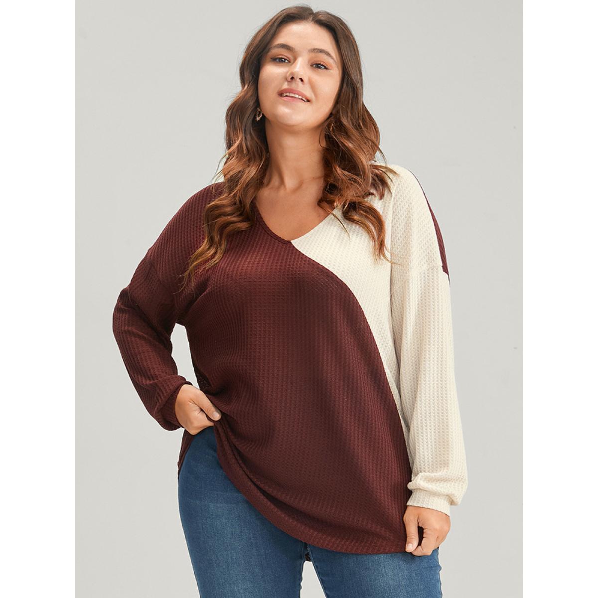 Plus Size Colorblock Contrast V Neck Waffle Knit Sweatshirt Women Russet Elegant Patchwork V-neck Dailywear Sweatshirts BloomChic 22-24/3X Product Image