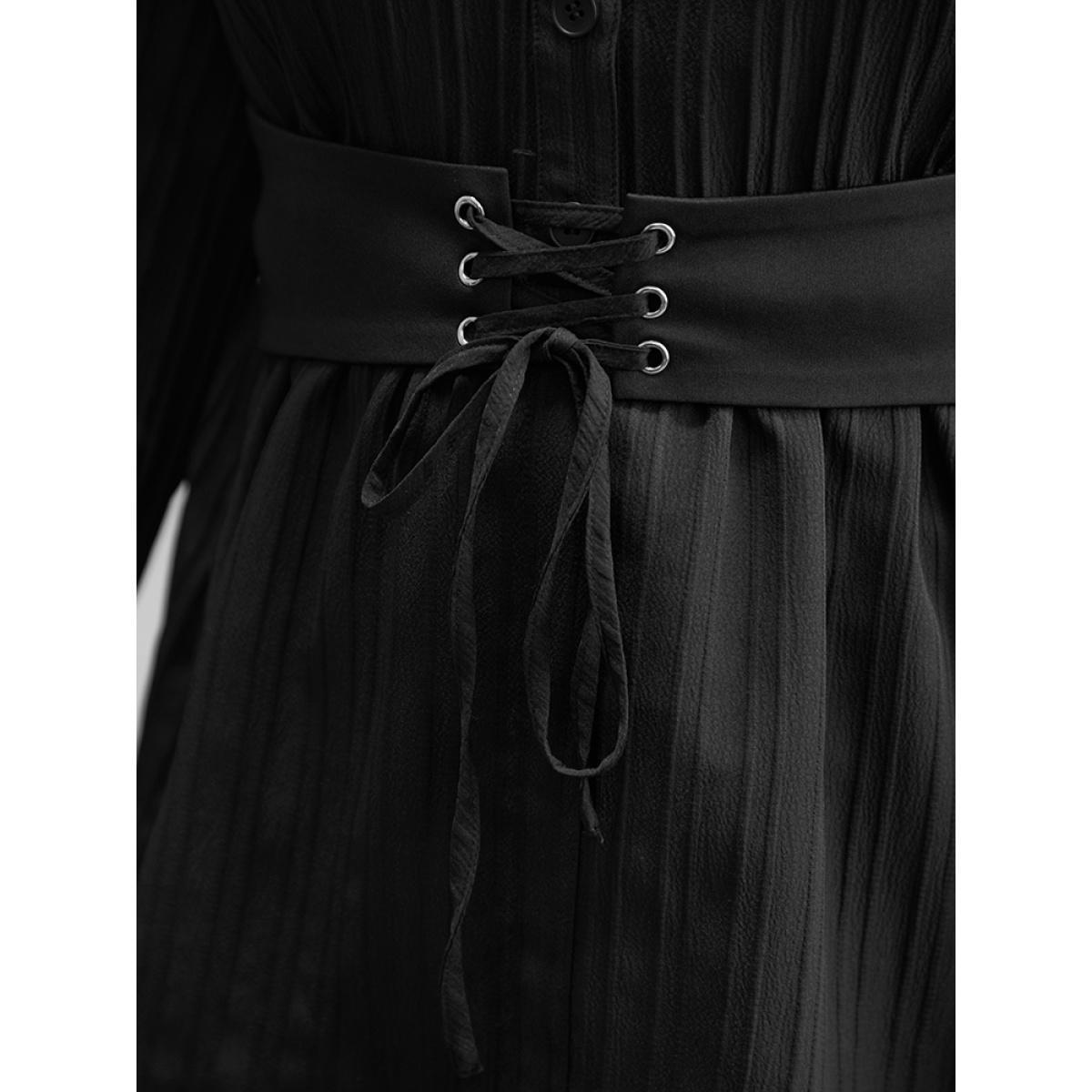 Plus Size Black Solid Textured Button Detail Lace Up Blouse Women At the Office Long Sleeve V-neck Work Blouses BloomChic 12/L Product Image