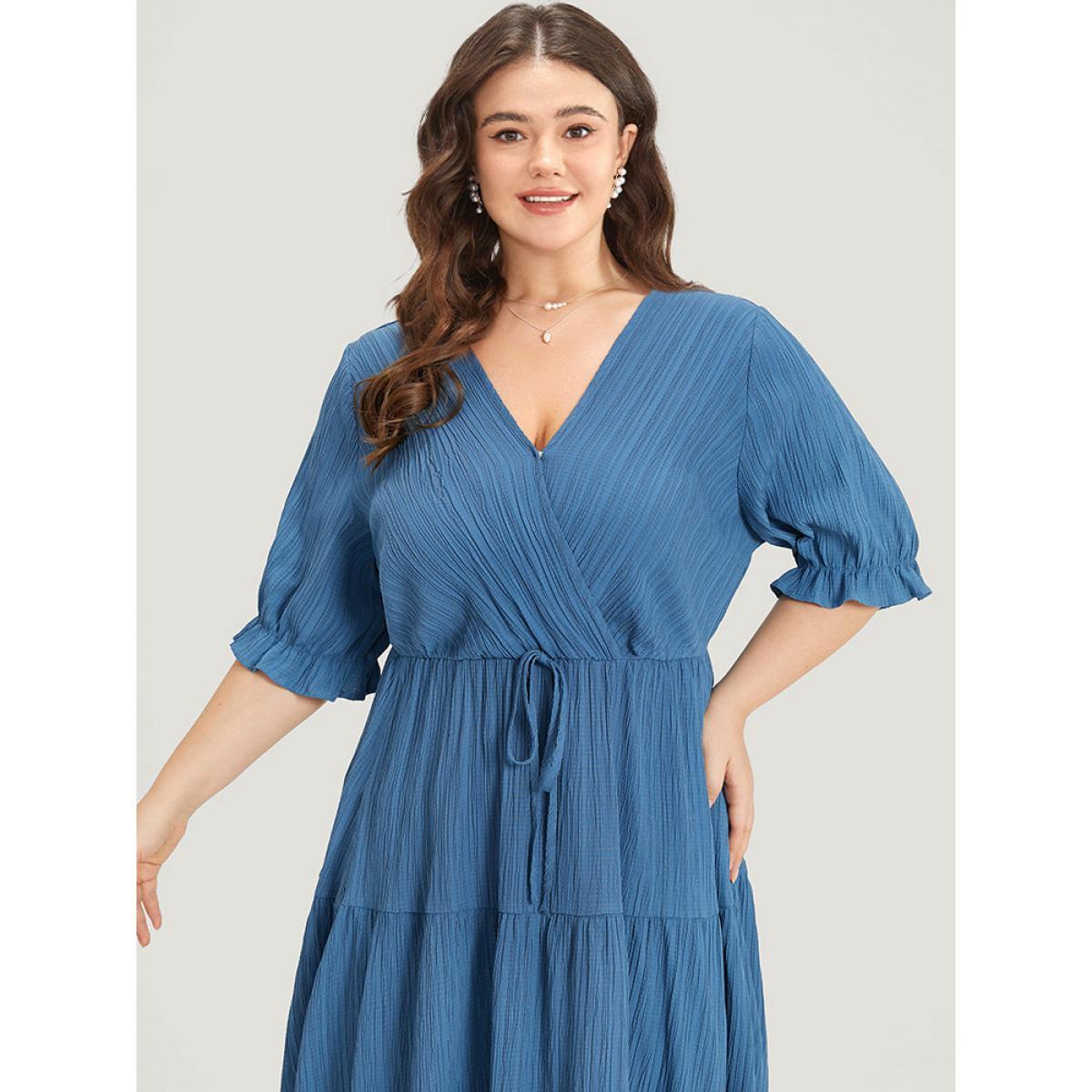 Plus Size Solid Textured Pocket Overlap Collar Flutter Trim Dress Stone Women Elegant Texture V-neck Half Sleeve Curvy Midi Dress BloomChic 10/M Product Image