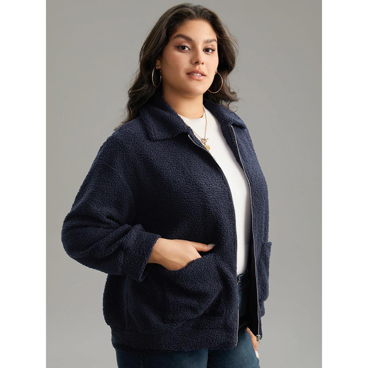 Plus Size Solid Zipper Pocket Teddy Jacket Women DarkBlue Casual Plain Ladies Dailywear Winter Coats BloomChic 12/L Product Image