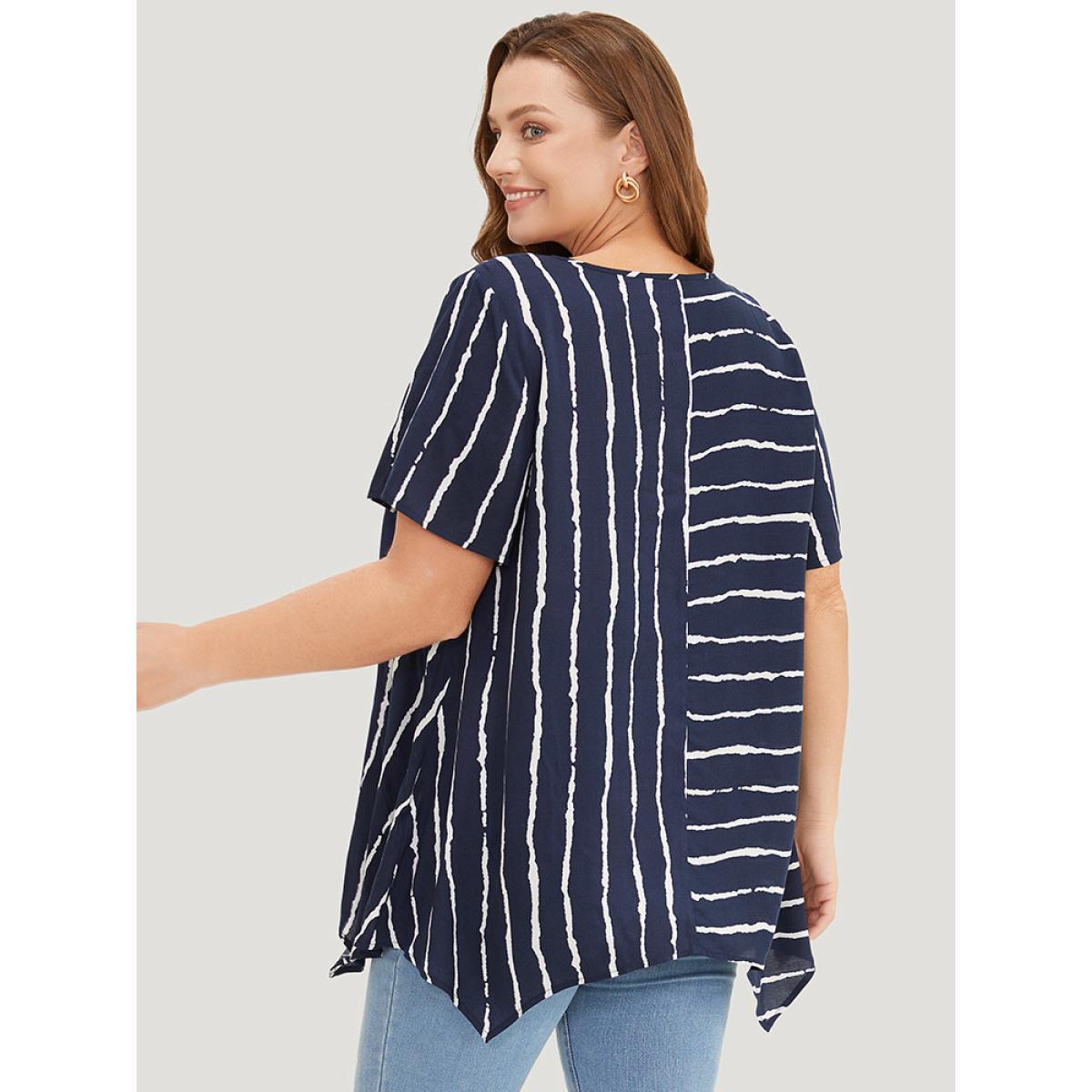 Plus Size Indigo Striped Patchwork Hanky Hem Blouse Women Office Short sleeve Round Neck Dailywear Blouses BloomChic 18-20/2X Product Image