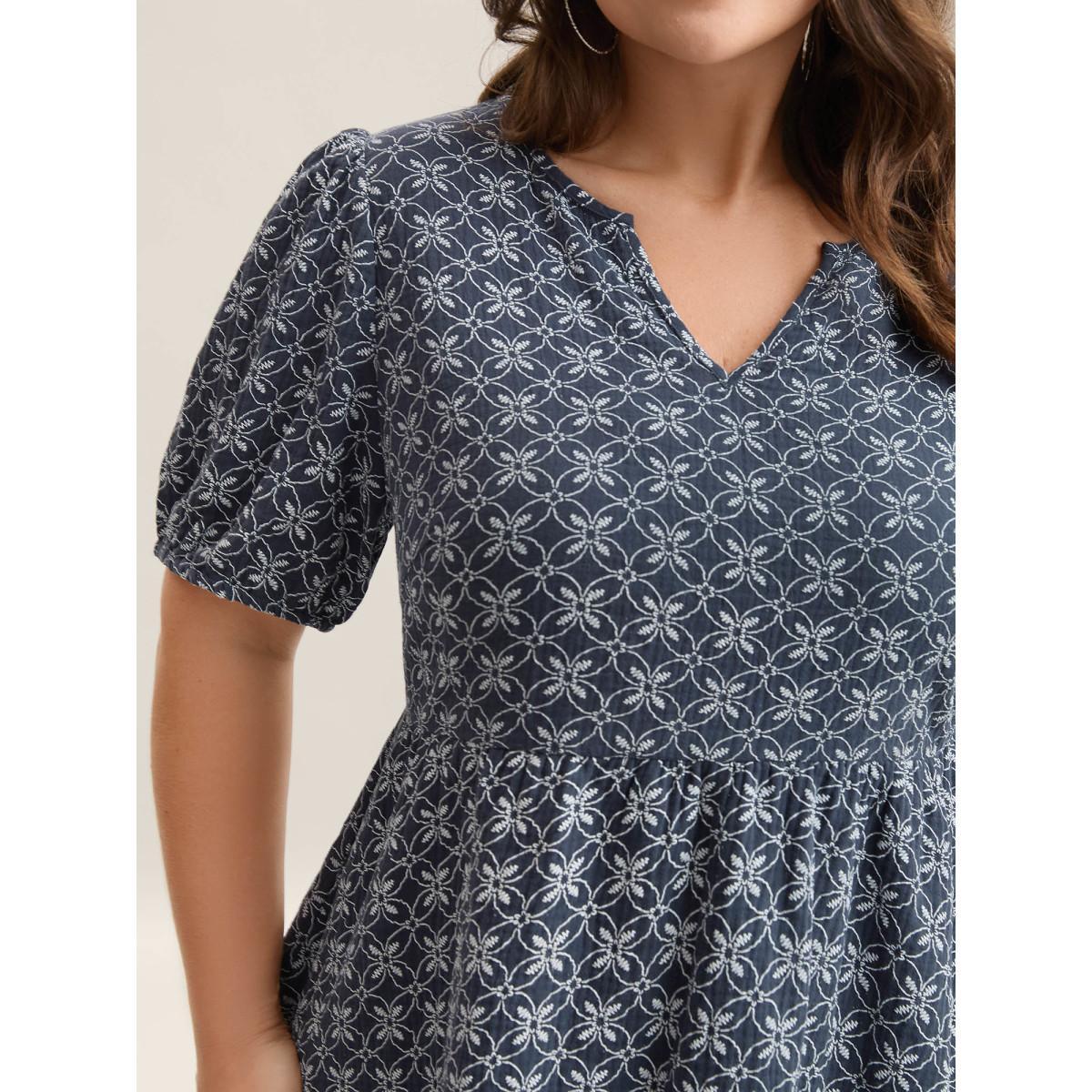 Plus Size Indigo Cotton Geometric Print Puff Sleeve Babydoll Top Women Short sleeve Notched collar Vacation Blouses BloomChic 10/M Product Image