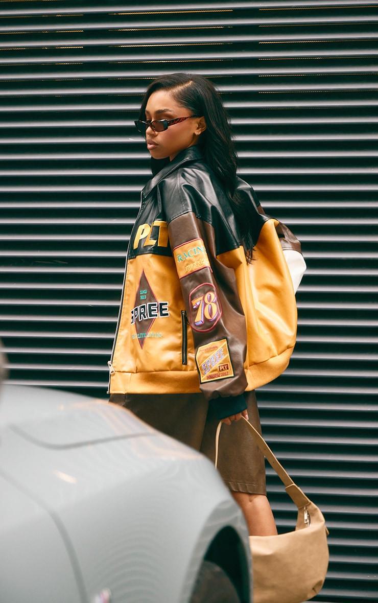  Mustard Faux Leather Graphics Oversized Racer Jacket Product Image