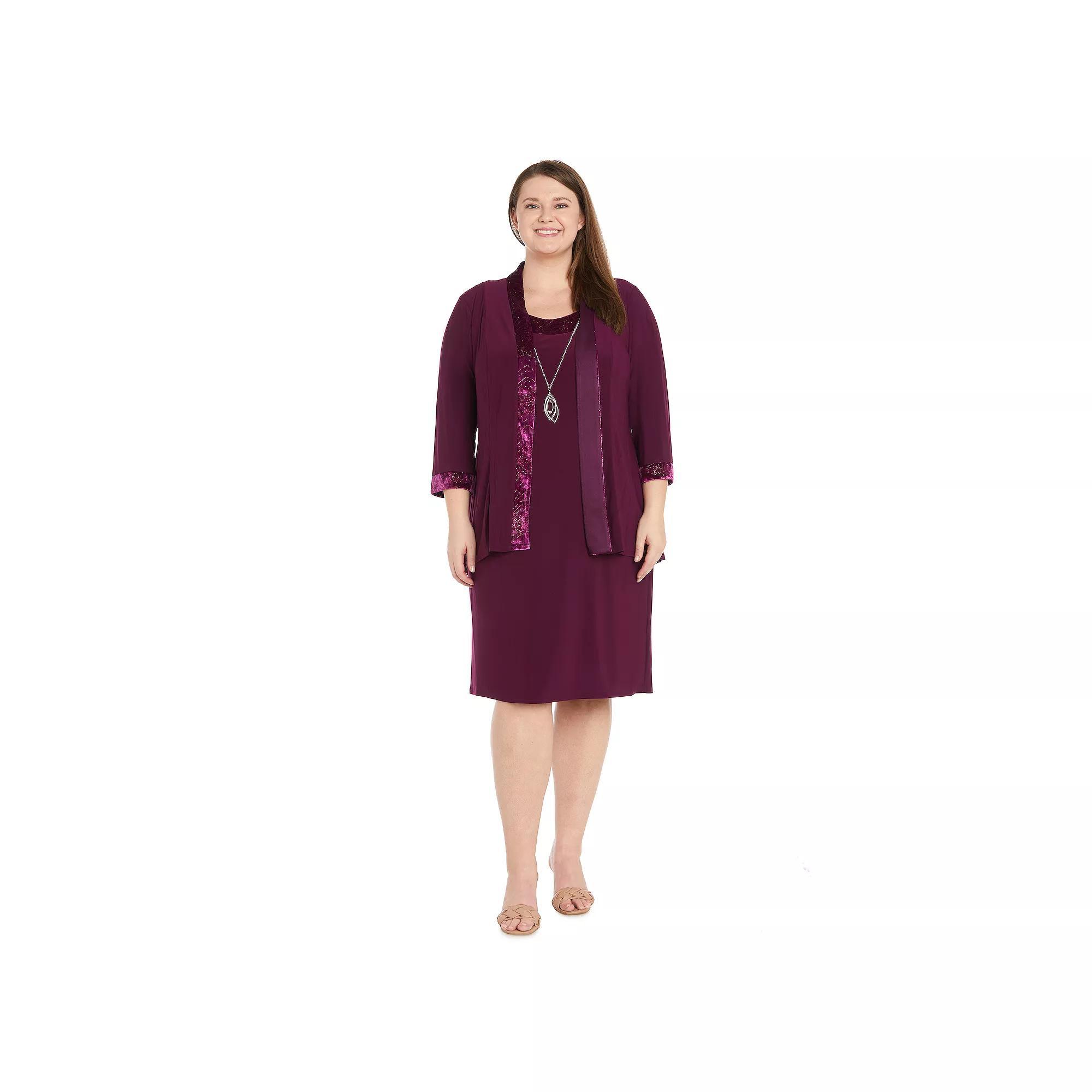 Plus Size R&M Richards 2-pc. Banded Glitter Velvet Trim Jacket & Dress Set, Women's, Size: 18 W, Red Product Image