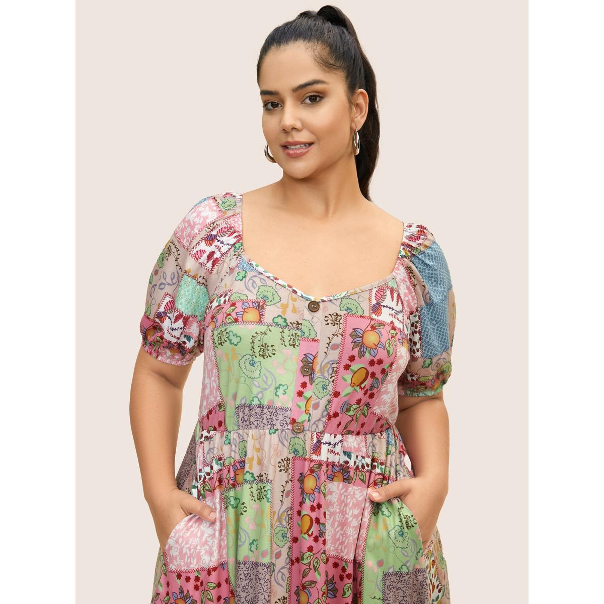 Plus Size Patchwork Boho Print Raglan Sleeve Midi Dress Multicolor Women Casual V-neck Short sleeve Curvy BloomChic 14-16/1X Product Image