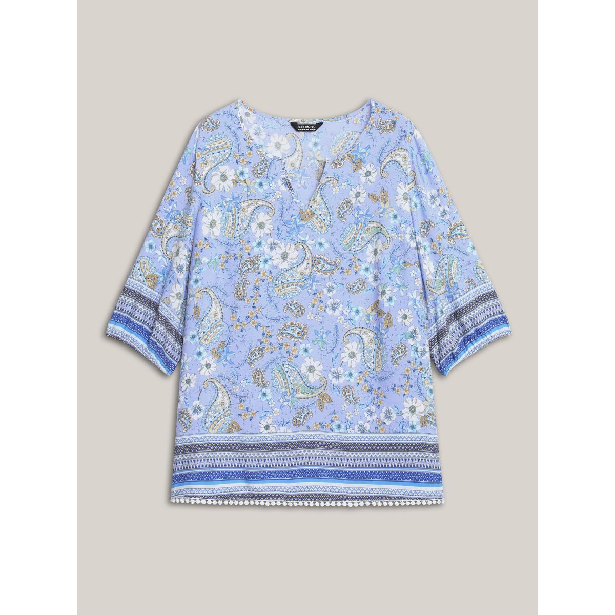 Plus Size Lavender Paisley Print Lantern Sleeve Flowy Blouse Women Elbow-length sleeve Notched collar Vacation Blouses BloomChic 26/4X Product Image
