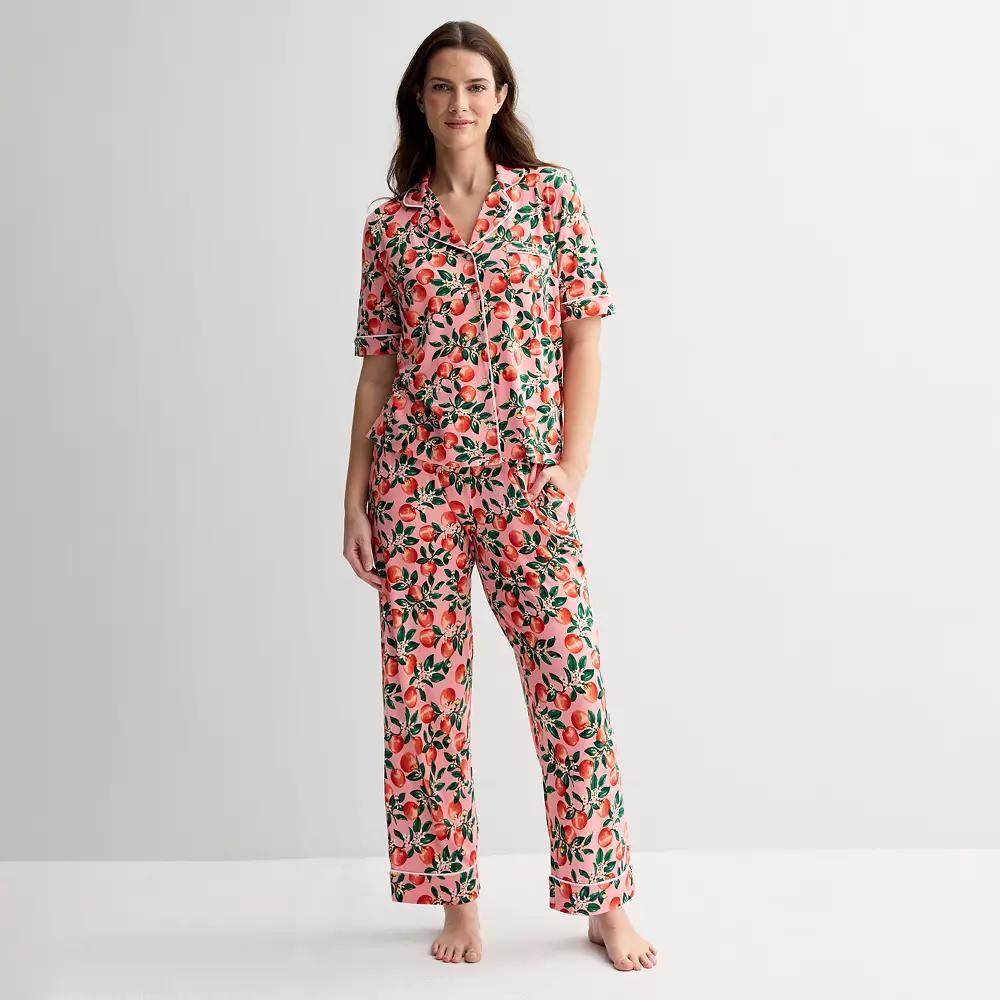 Women's Draper James 2-Piece Cozy Elbow Sleeve Notch Pajama Top and Pajama Pants Set, Size: XS, Peony Apple Blossom Product Image