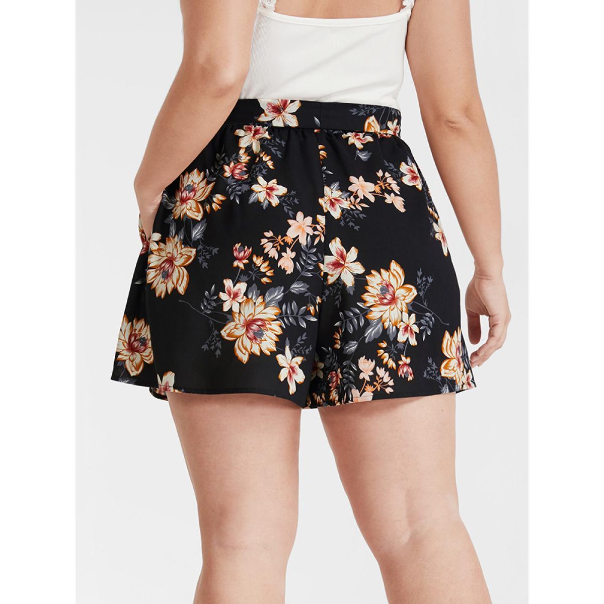 Plus Size Floral Belted Pocket Elastic Waist Shorts Women BlackFlower Casual Belted Dailywear Shorts BloomChic 10/M Product Image