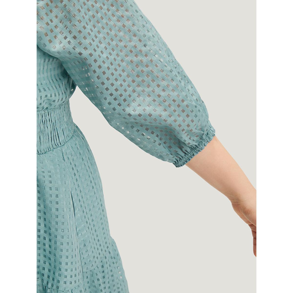 Plus Size Plain Gathered Texture Shirred Pocket Lantern Sleeve Dress Cerulean Women Elegant Elastic cuffs Square Neck Elbow-length sleeve Curvy Midi Dress BloomChic 12/L Product Image
