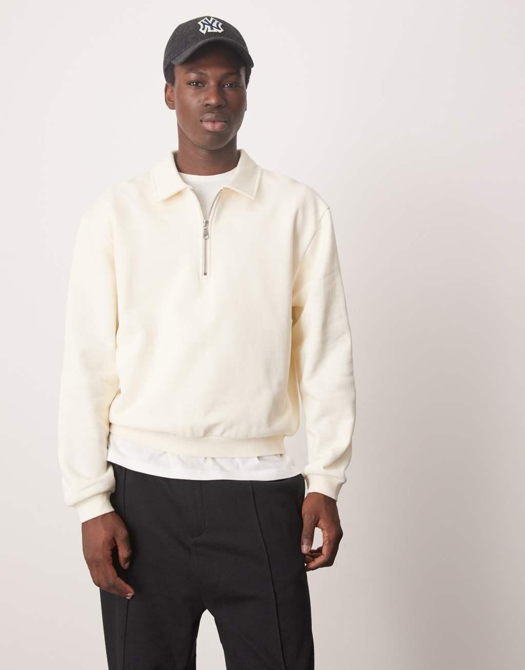 ASOS DESIGN standard fit quarter zip collar in beige Product Image