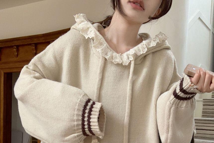 Rabbit Accent Lace Trim Oversized Knit Hoodie Product Image