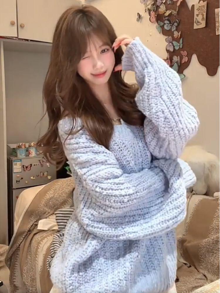 V-Neck Plain Chunky Knit Oversized Sweater Product Image