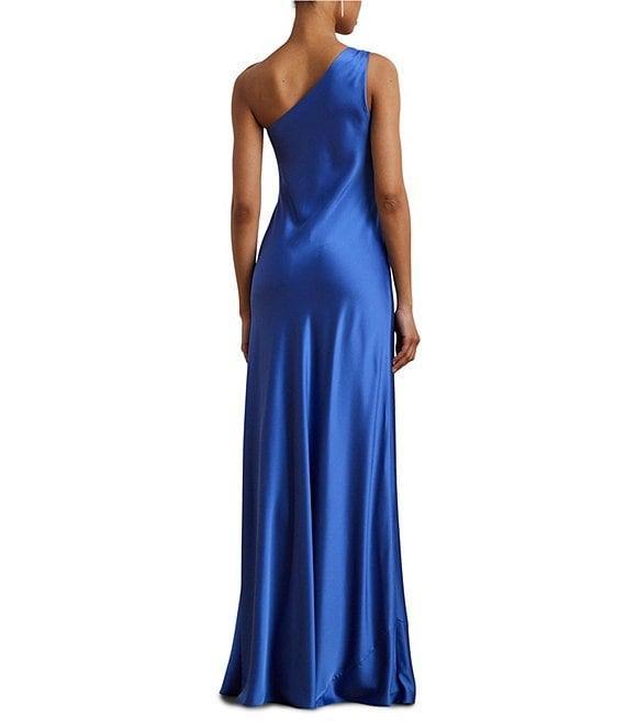 Lauren Ralph Lauren Elzira Draped Ruffle One Shoulder Satin Charmeuse Slip Dress Product Image