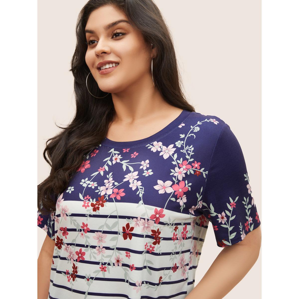 Plus Size Striped Contrast Boho Print Crew Neck T-shirt Indigo Women Casual Round Neck Everyday T-shirts BloomChic 30/6X Product Image