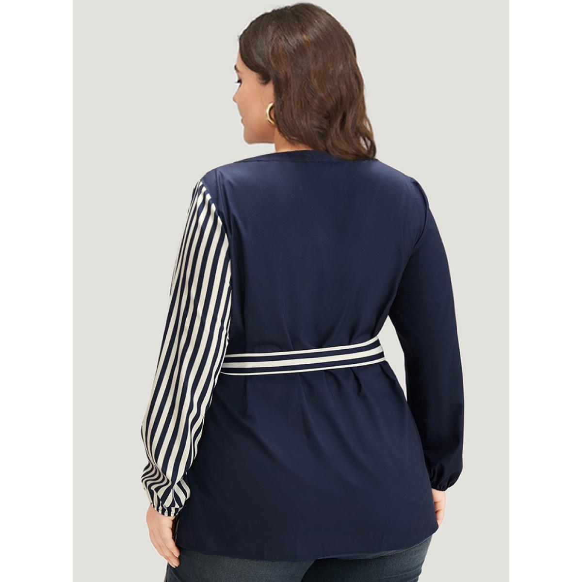 Plus Size Indigo Striped Patchwork Notched Belted Lantern Sleeve Blouse Women Office Long Sleeve V-neck Work Blouses BloomChic 28/5X Product Image