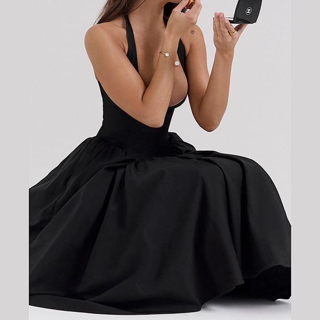Halter Deep Plunge Plain Gathered Midi A-Line Dress Product Image