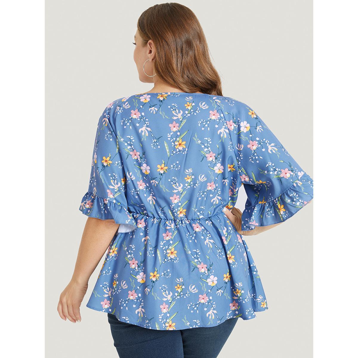 Plus Size Stone Floral Print Ruffles Flounce Sleeve Surplice Neck Blouse Women Elegant Short sleeve V-neck Dailywear Blouses BloomChic 18-20/2X Product Image