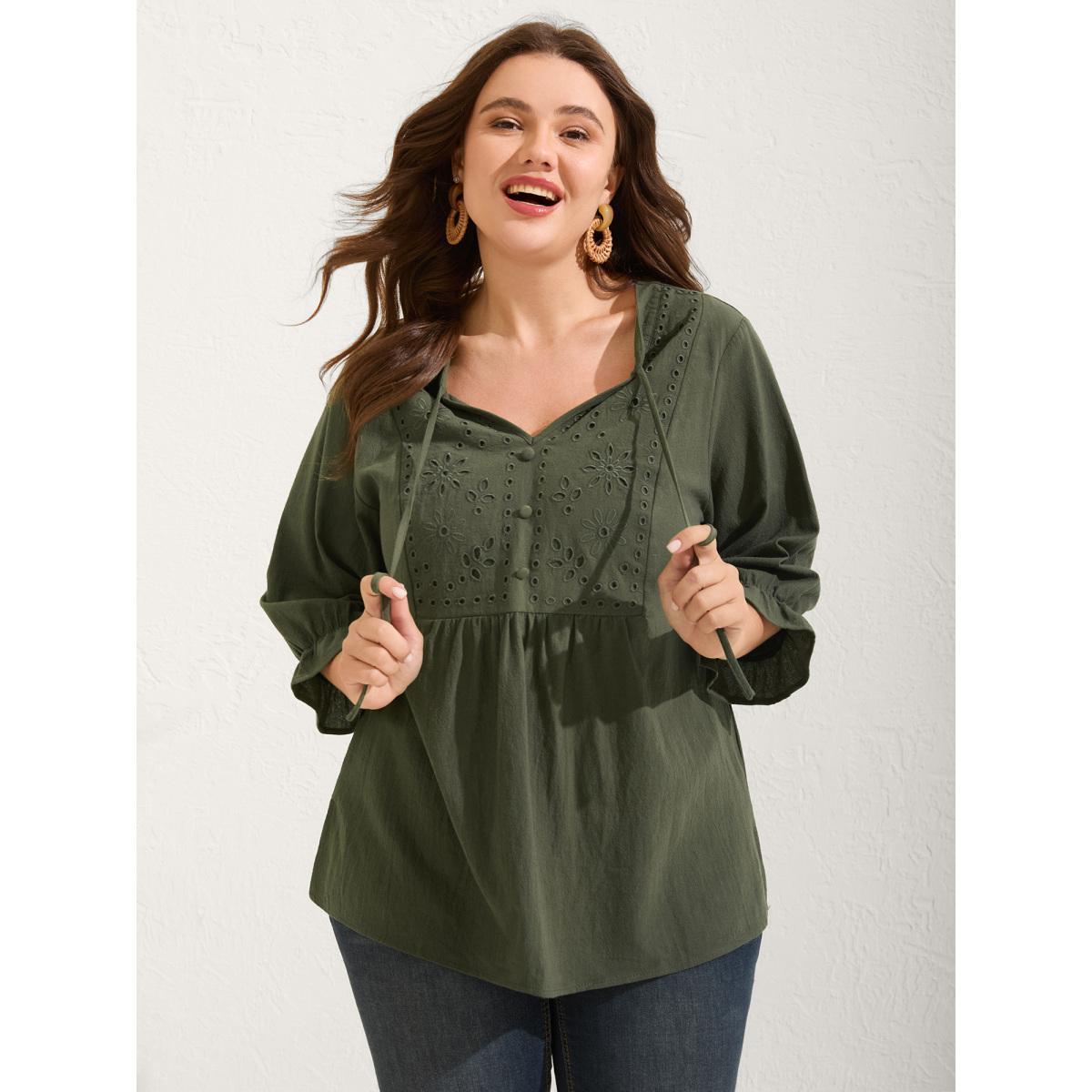 Plus Size ArmyGreen Broderie Anglaise Tie Knot Lantern Sleeve Blouse Women Resort Elbow-length sleeve Notched collar Vacation Blouses BloomChic 26/4X Product Image
