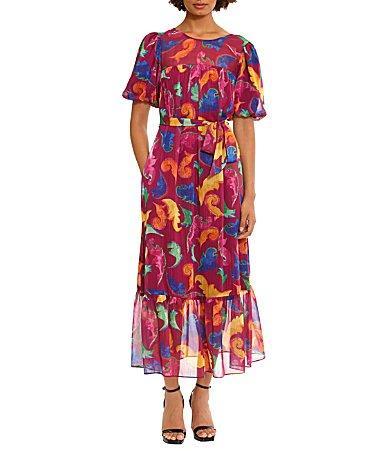 Donna Morgan Womens Puff-Sleeve Tie-Belt Printed Dress - Ripe Plum Product Image
