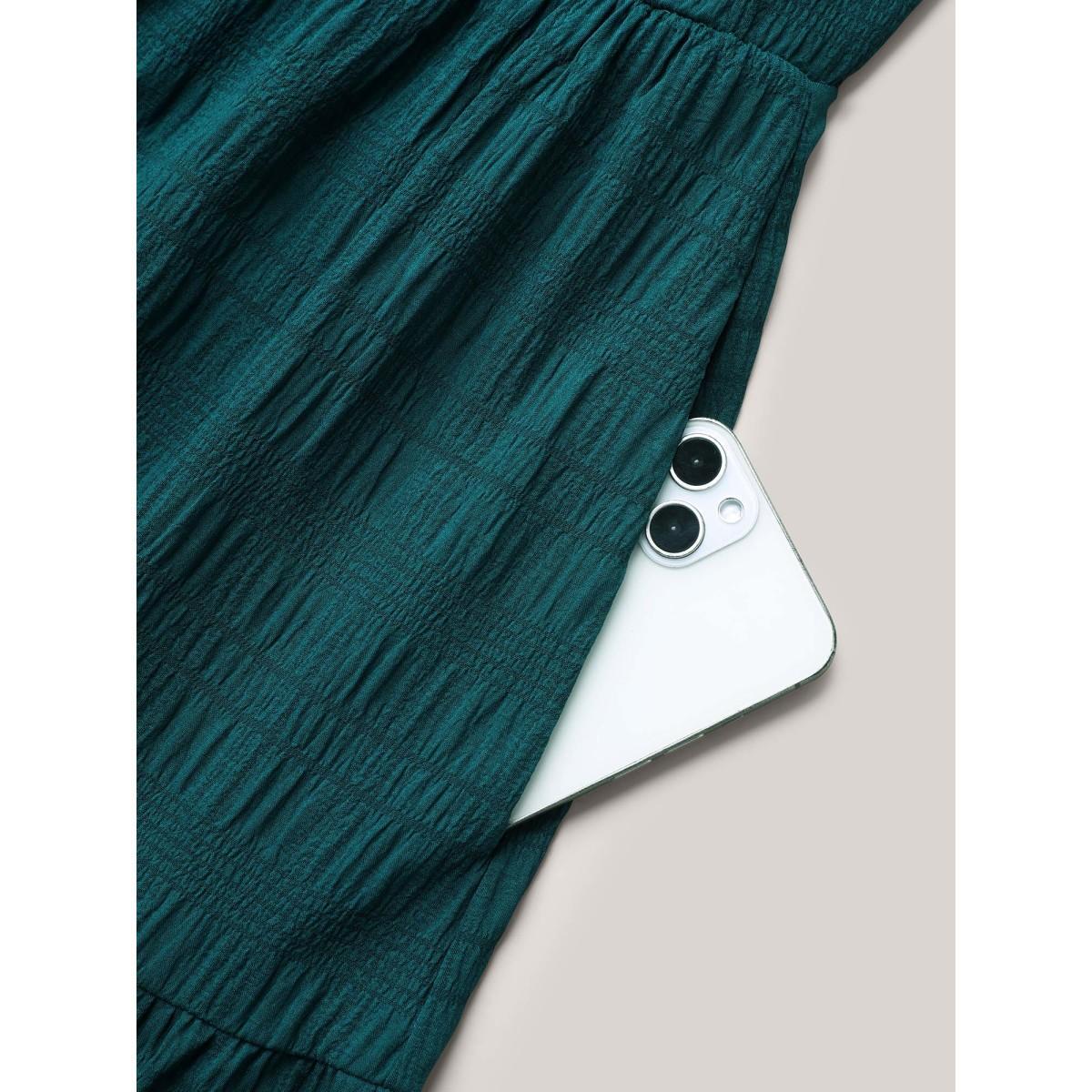 Plus Size Stretchy Waist Frill Trim Pockets Midi Dress Teal Women Elegant Tie knot Flat collar with V-notch Short sleeve Curvy BloomChic 10/M Product Image