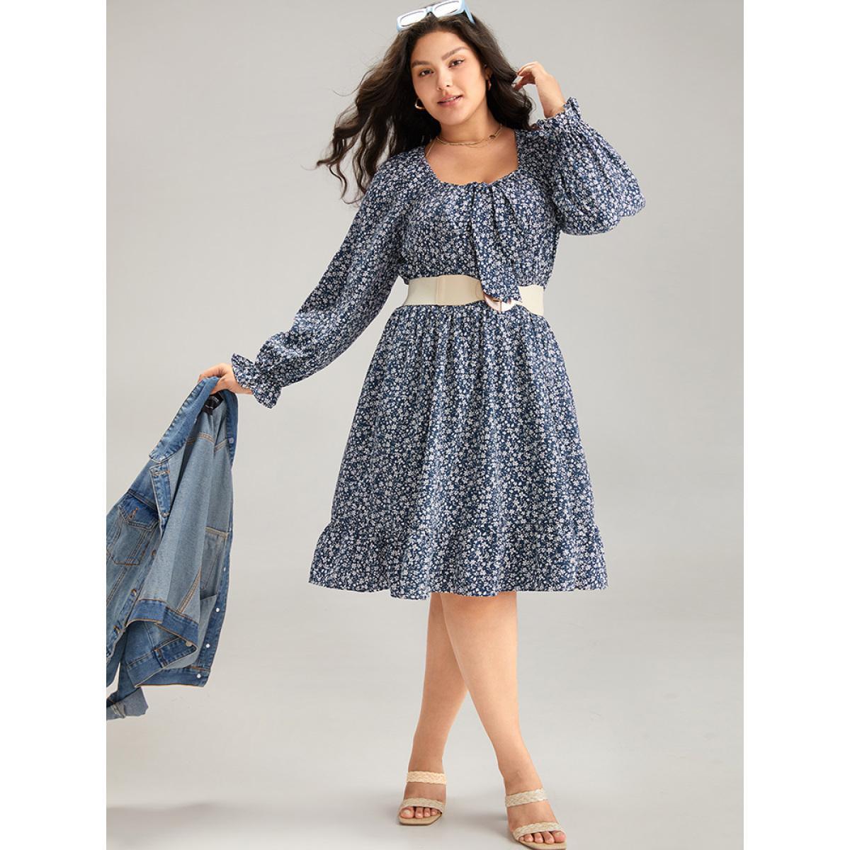 Plus Size Ditsy Floral Flutter Trim Shirred Knot Neck Dress Stone Women Elegant Cross straps Tie Neck Long Sleeve Curvy Knee Dress BloomChic 28/5X Product Image