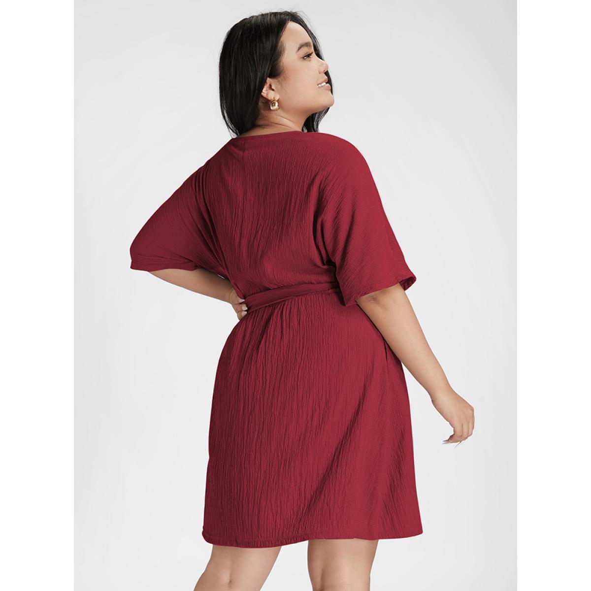 Plus Size Floral Embroidered Pocket Belted Short Dress Burgundy Women Elegant Belted V-neck Half Sleeve Curvy Short Dress BloomChic 14/1X Product Image