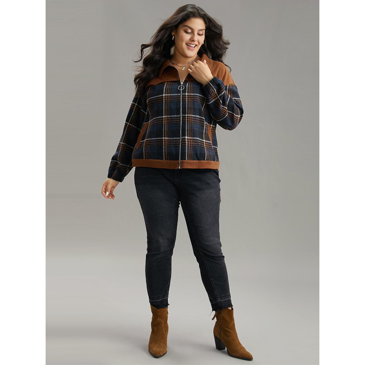 Plus Size Plaid Patchwork Pocket Lapel Collar Zipper Fly Jacket Women Multicolor Contrast Pocket Dailywear Jackets BloomChic 30/6X Product Image