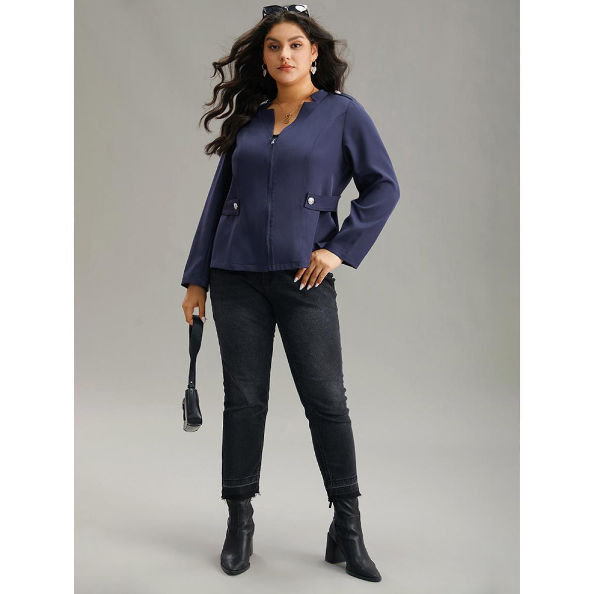 Plus Size Plain Button Detail Notched Zipper Blazer Indigo Women Work Plain Plain Sleeve Long Sleeve Notched collar 14-16/1X At the Office Blazers BloomChic Product Image