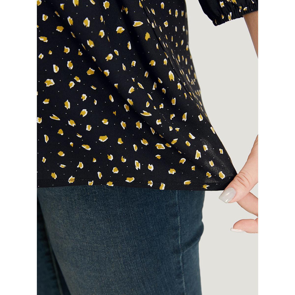 Plus Size Black Dot Button Up Keyhole Ties Lantern Sleeve Blouse Women Elegant Elbow-length sleeve Keyhole Cut-Out Dailywear Blouses BloomChic 28/5X Product Image