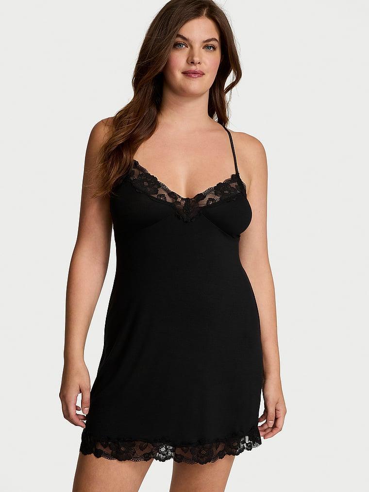 Ribbed Modal & Lace Cross-Back Slip Dress Product Image