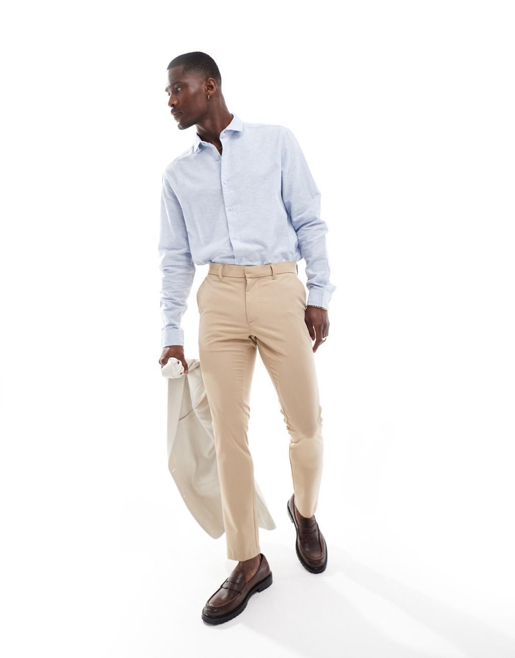 ASOS DESIGN regular smart linen wedding shirt with cut-away collar in light blue Product Image