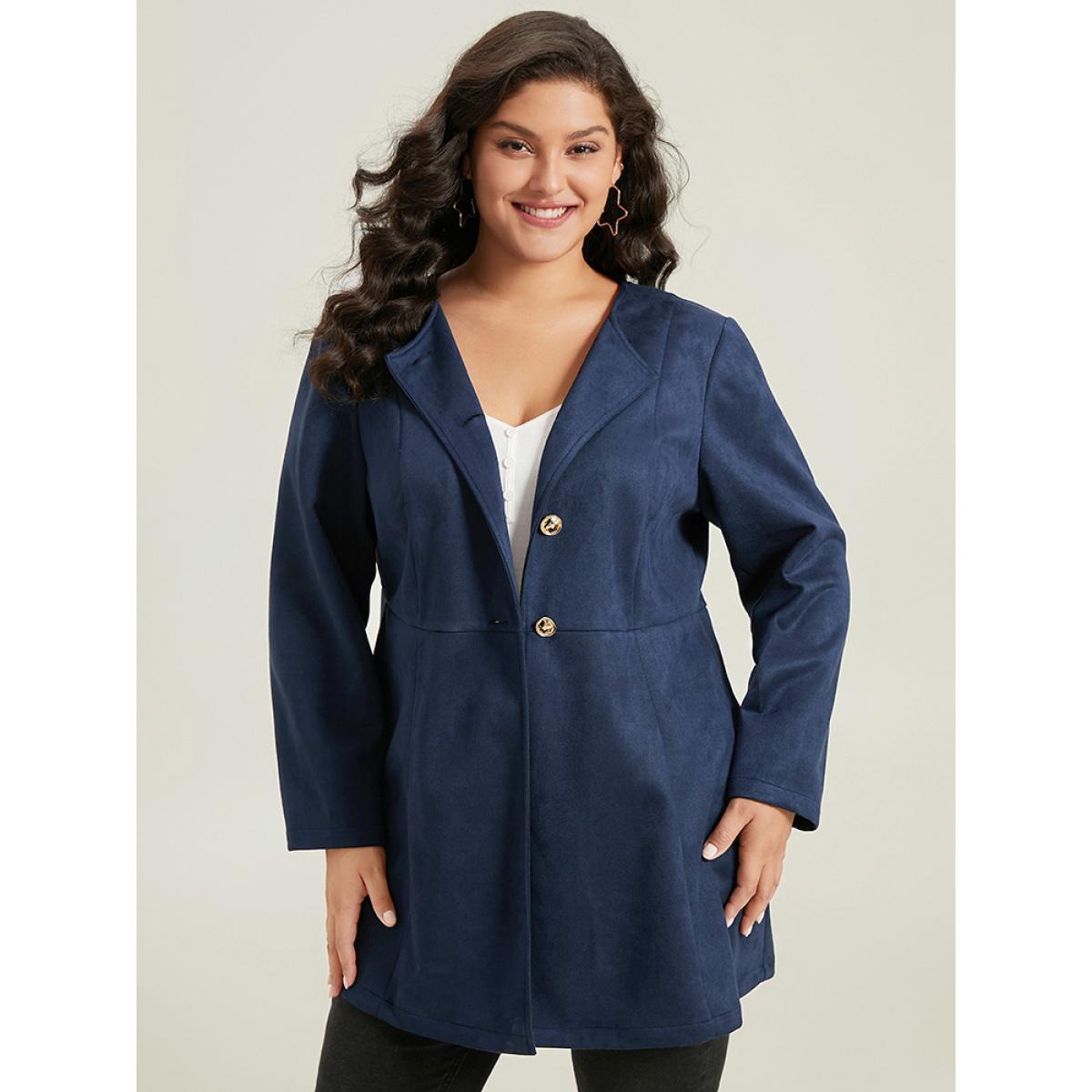 Plus Size Plain Pleated Metal Detail Jacket Women DarkBlue Casual Plain Ladies Dailywear Winter Coats BloomChic 28/5X Product Image