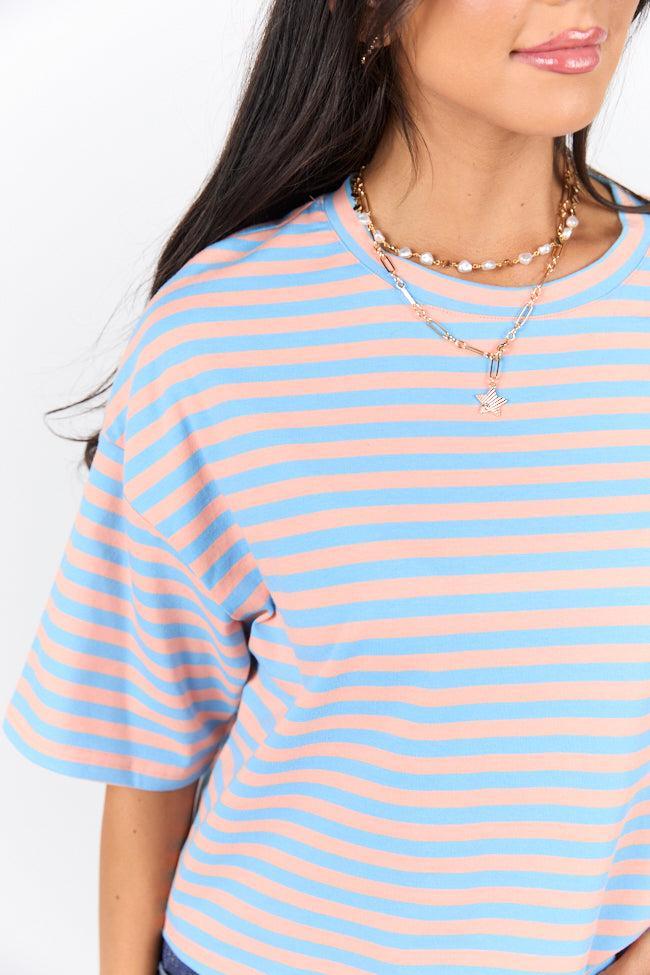 Keep It Casual Blue and Coral Multi Boxy Striped Tee SALE Product Image