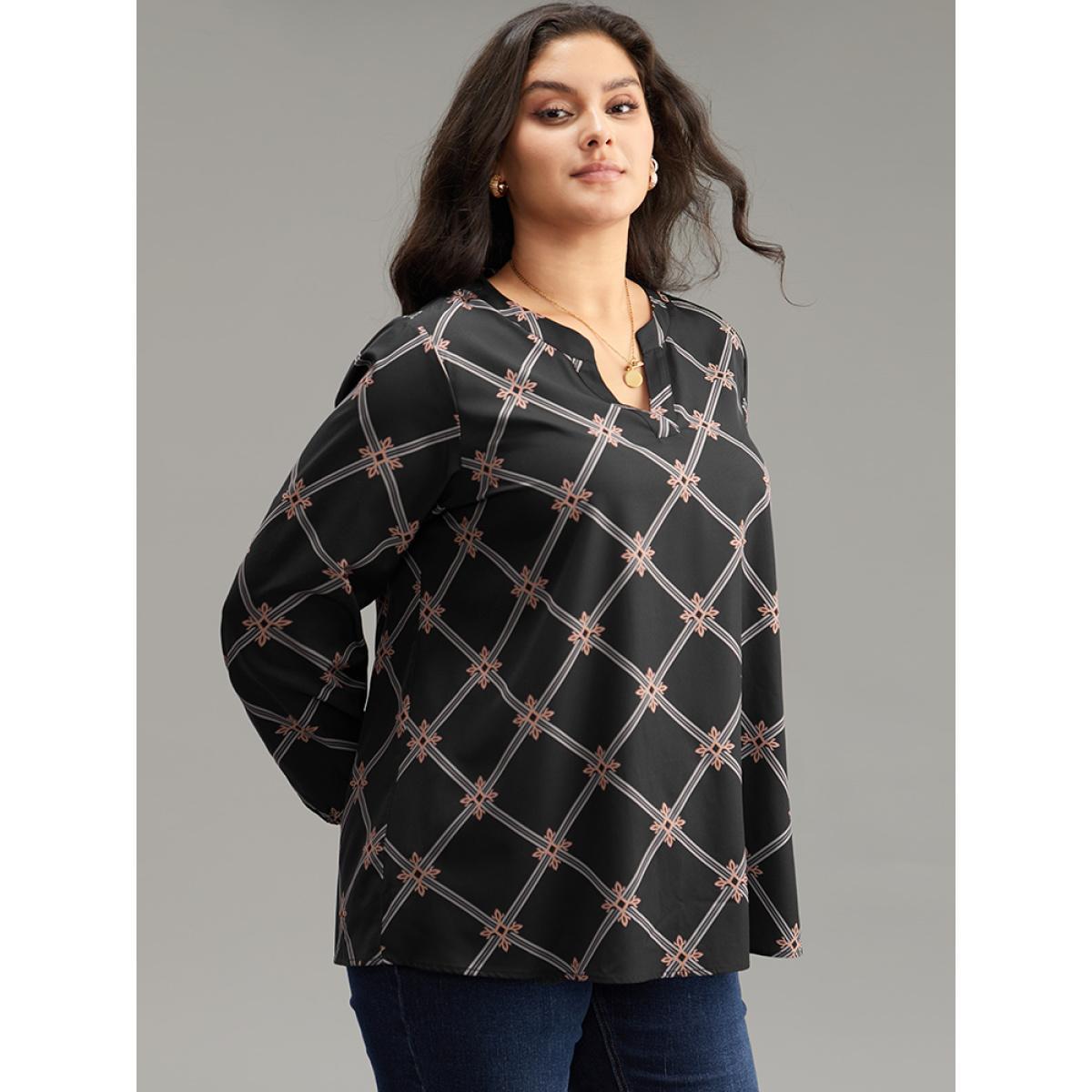 Plus Size BlackFlower Plaid Notched Elastic Cuffs Blouse Women Office Long Sleeve Notched collar Work Blouses BloomChic 10/M Product Image