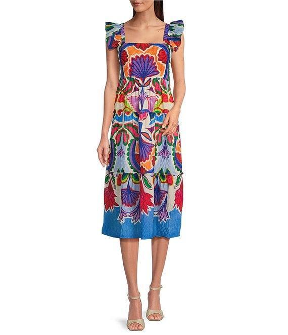 Vince Camuto Printed Square Neck Sleeveless Tiered Midi Dress Product Image