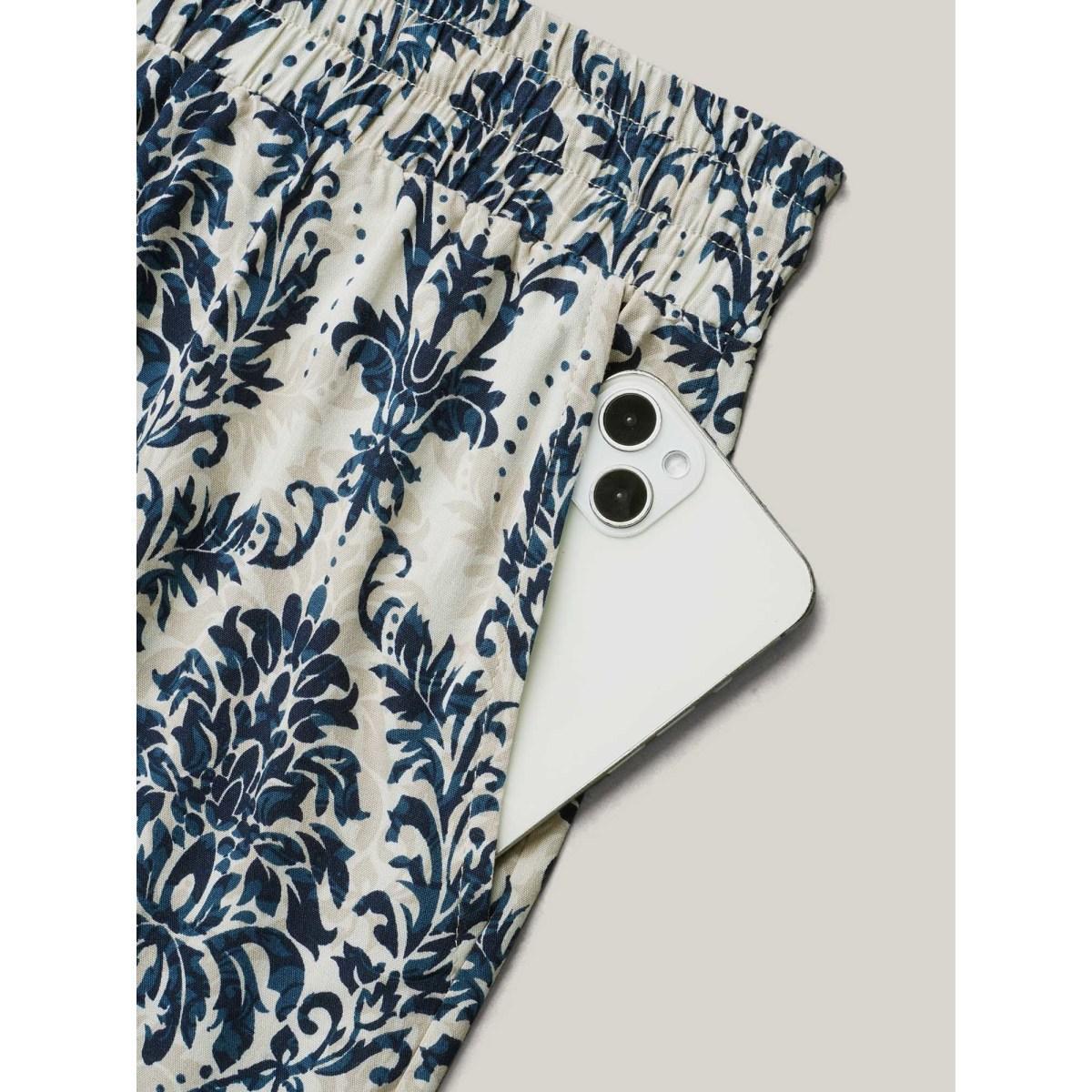 Plus Size Damask Print Tassel Straight-Leg Pants Women DarkBlue Resort Wide Leg Mid Rise Vacation Pants BloomChic 18-20/2X Product Image
