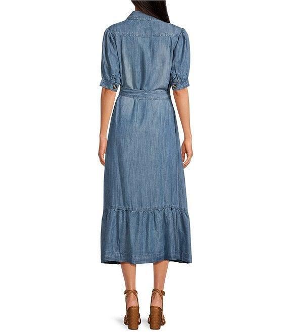 ELAN Denim Notch Collar Short Sleeve Tie-Waist Midi Shirtdress Product Image