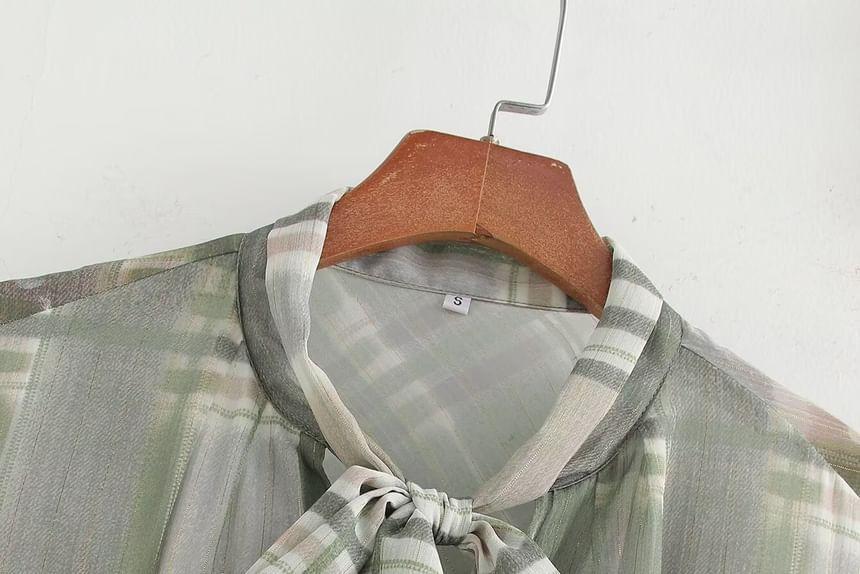 Set: Long Sleeve Tie Neck Plaid Maxi A-Line Dress + Belt Product Image