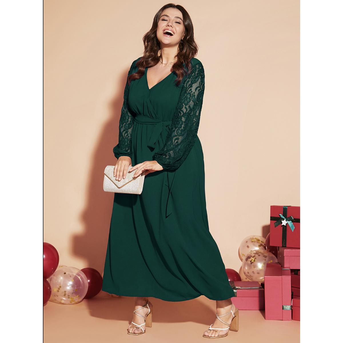 Plus Size Solid Wrap Pocket Lantern Sleeve Lace Belted Maxi Dress DarkGreen Women Elegant V-neck Long Sleeve Curvy Long Dress BloomChic 12/L Product Image