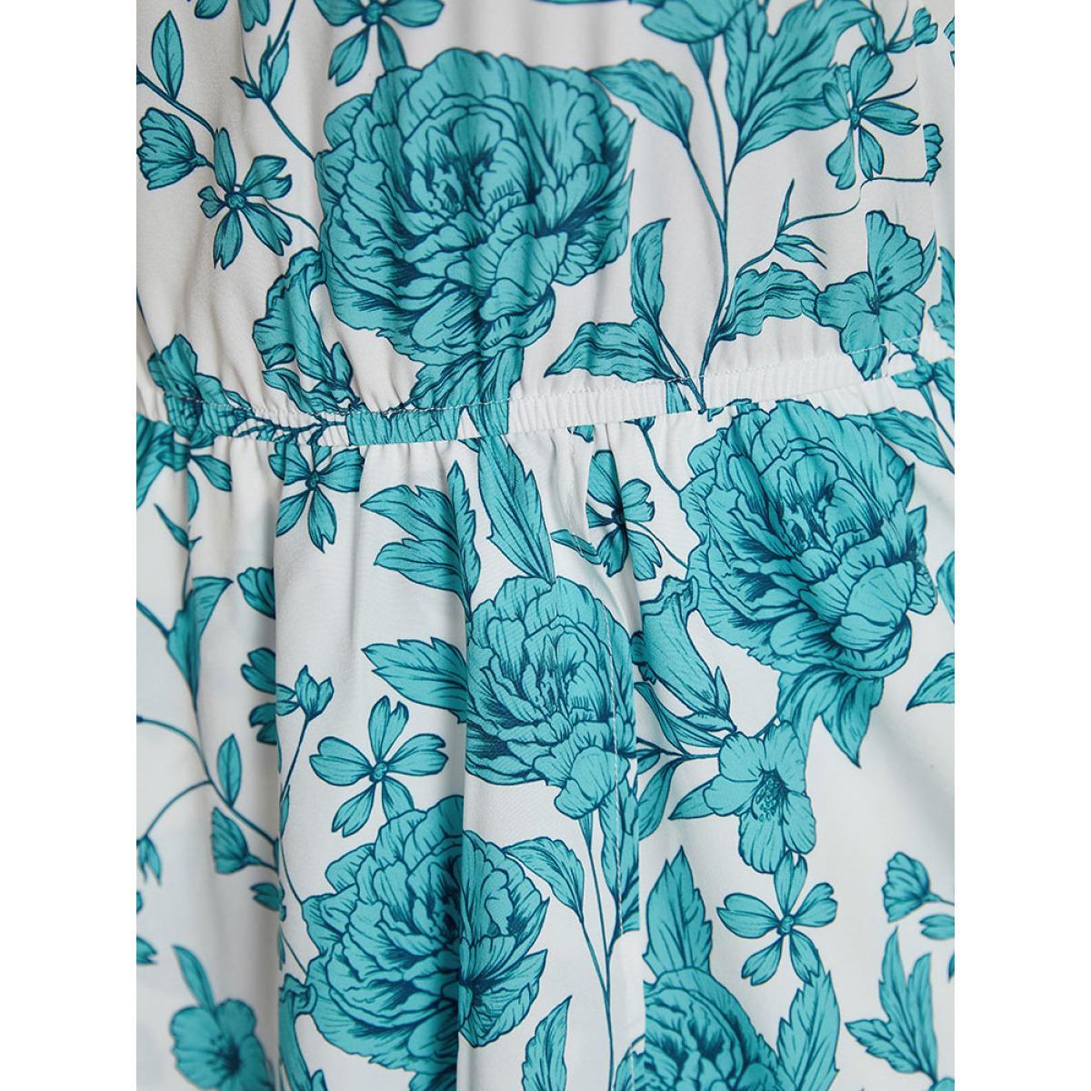 Plus Size Floral Print Pocket V Neck Asymmetrical Hem Tank Dress Teal Women Elegant Lined V-neck Sleeveless Curvy Midi Dress BloomChic 26/4X Product Image